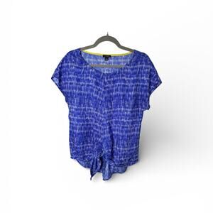 Ann Taylor Blue White Short Sleeve Tie Front Blouse Small